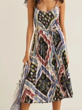 Mango Nautical Print Pleated Camisole Midi Dress Size 2